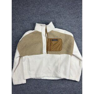 Columbia Jacket Womens Large White Tan Sherpa Fleece 1/2 Zip Pullover Pockets